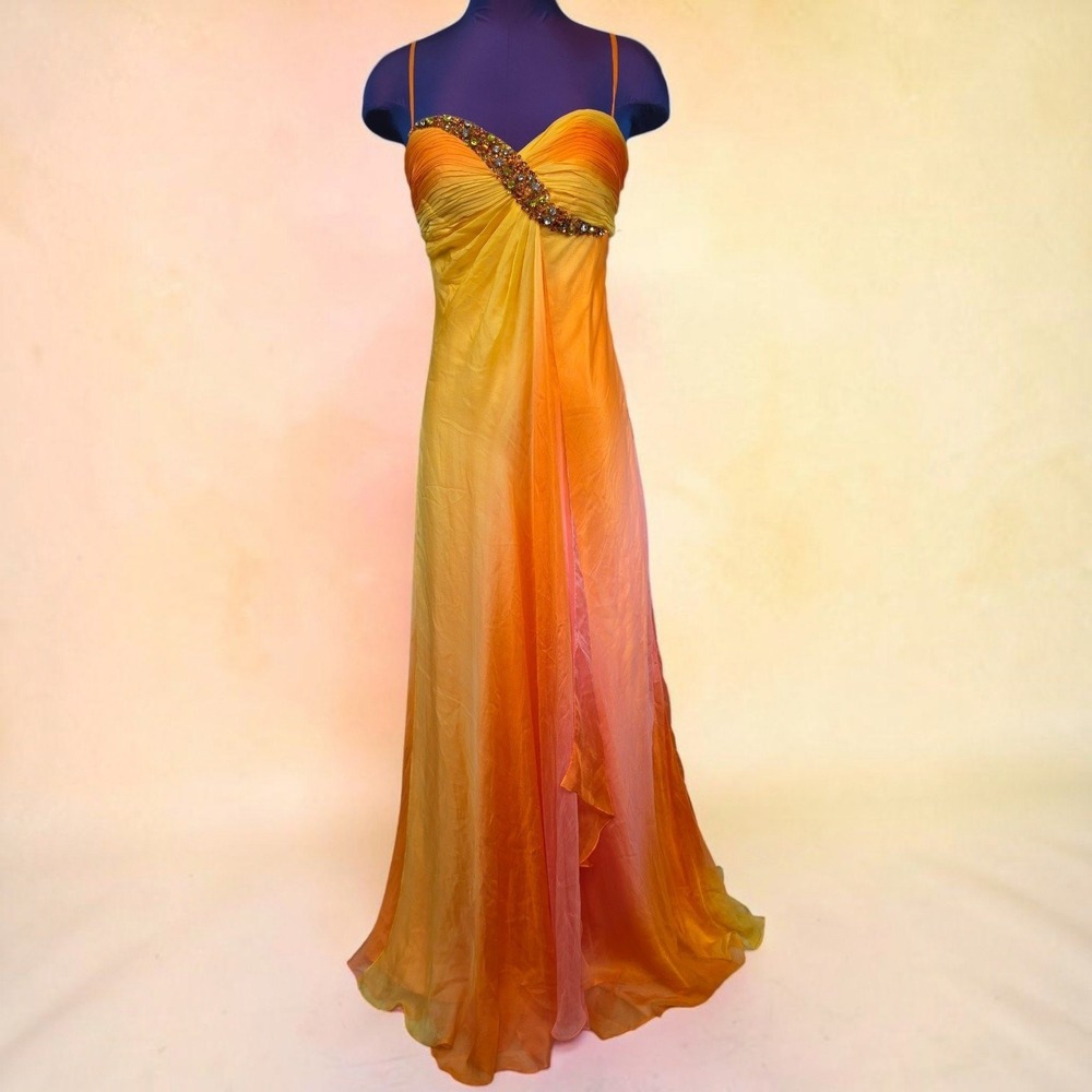 Cache Silk Ombre Sunset Evening Gown Beaded Size 6 Formal Vintage